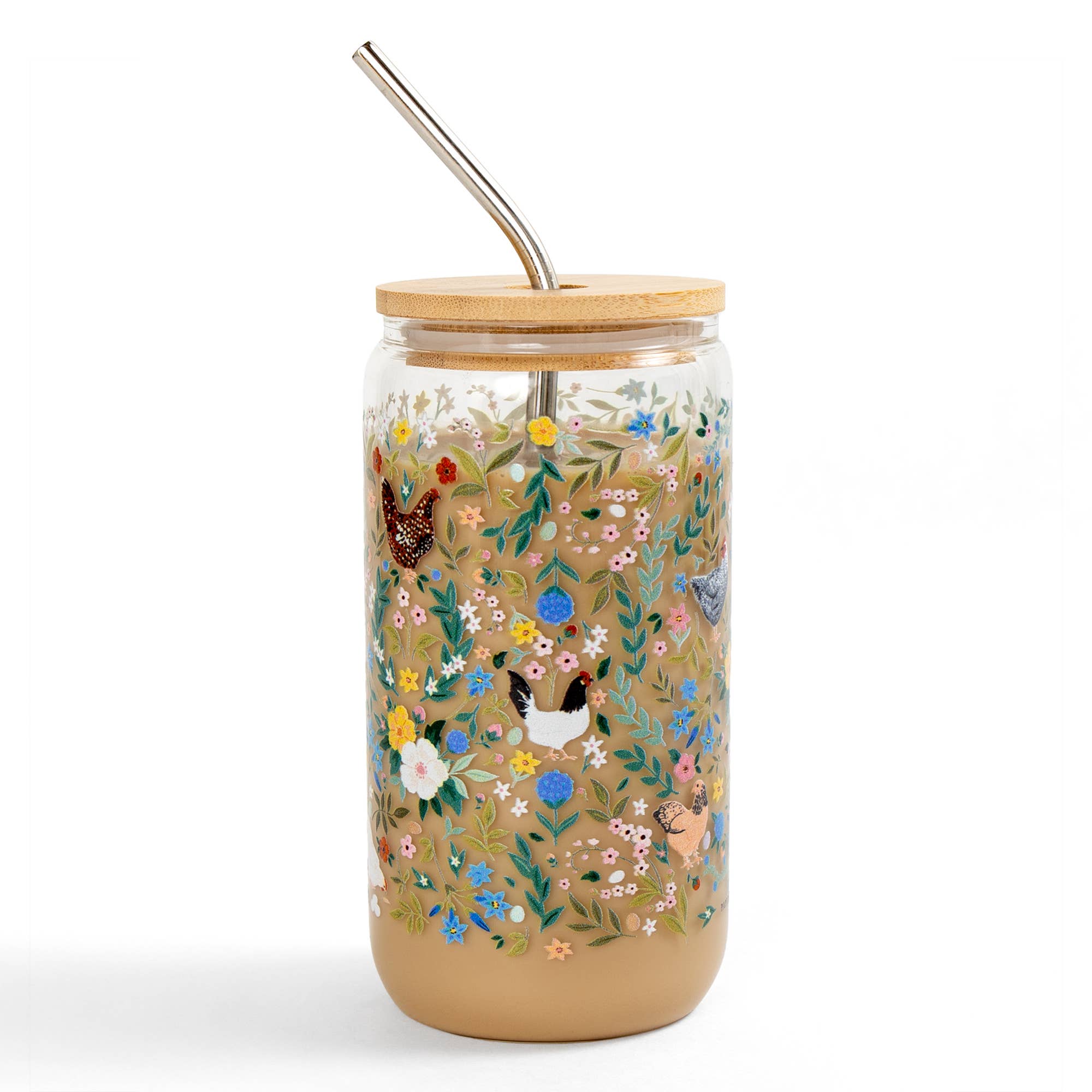 Chickens  & Flowers Glass Can